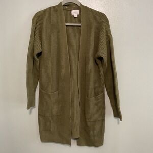 Auden Cardigan Sweater Womens XS/S Olive Green Open Front Longline Shaker Knit